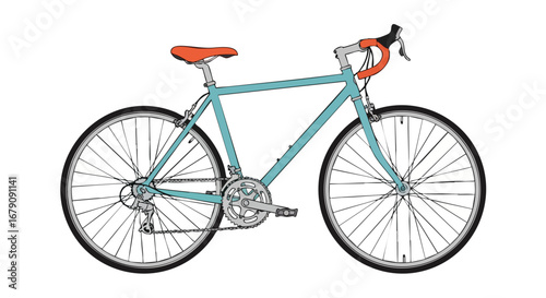 Stylized light blue road bike illustration with orange seat and handlebars creating a vintage aesthetic bike design with thin outlined structure on