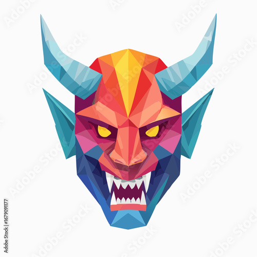 Colorful geometric demon head illustration with sharp fangs and prominent horns, depicted in a vibrant low poly polygonal art style, conveying a powerful mythical character