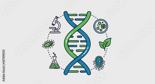 Conceptual illustration representing the interdisciplinary nature of biological and genetic scientific research and its related analysis process