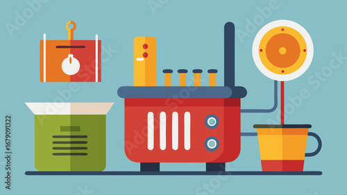 A machine with a timer and a beaker with a yellow liquid in it. A yellow and orange object is next to the machine