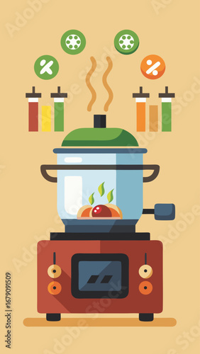 A pot of food is cooking on a stove. The pot is on a red stove top
