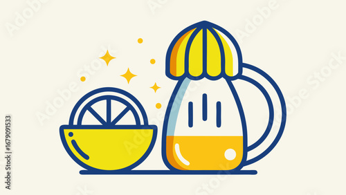 A yellow lemon is sliced and placed on a table next to a juicer and a glass. Concept of freshness and health, as the lemon is a symbol of vitamin C