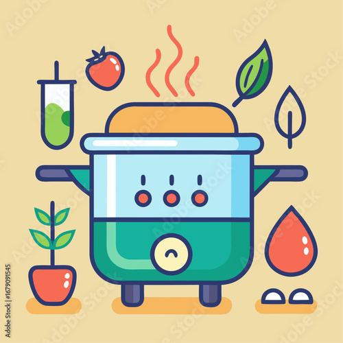 A pot of food is cooking on a stove. The pot is on a red stove top