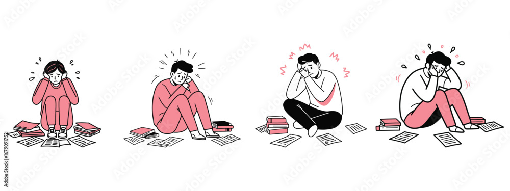 Naklejka premium Young man sitting on floor surrounded by papers, stressed vector illustration