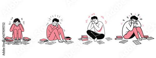 Young man sitting on floor surrounded by papers, stressed vector illustration