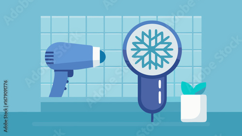 A blue hair dryer with a snowflake on it. The snowflake is surrounded by a circle of ice