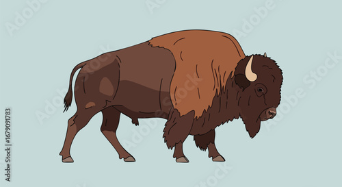 Illustrative representation of a brown bison on a neutral background showcasing its distinctive physical characteristics and sturdy build in a