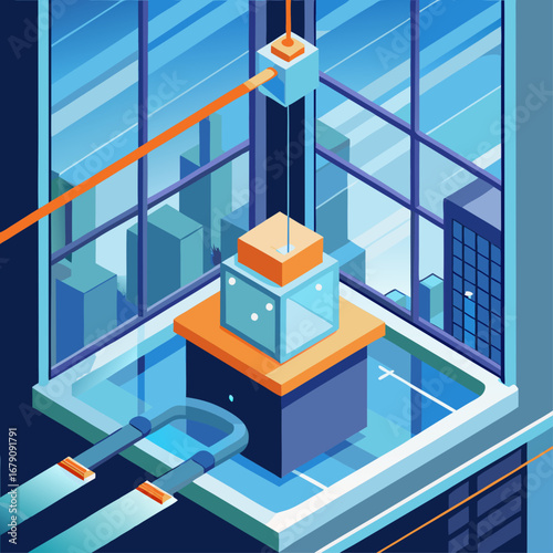 A cityscape with a building in the middle with a crane lifting a box. The crane is suspended from a window