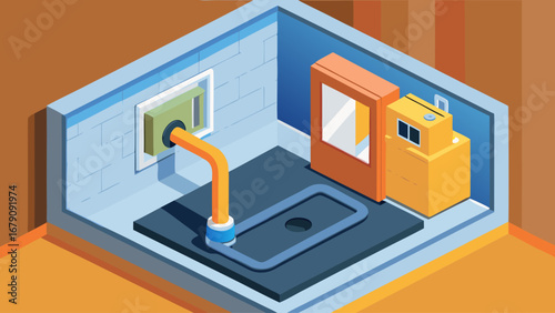 A small, cramped room with a sink and a yellow machine. The room appears to be cluttered and disorganized, with the yellow machine taking up a significant portion of the space