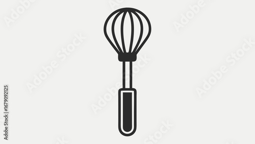 A whisk is shown in a white background. The whisk is yellow and black. The whisk is a kitchen utensil