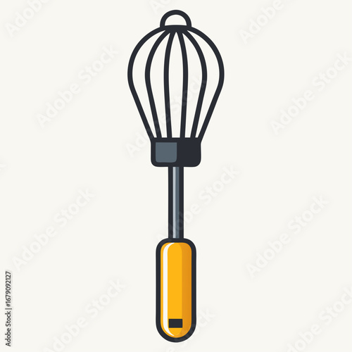 A whisk is shown in a white background. The whisk is yellow and black. The whisk is a kitchen utensil