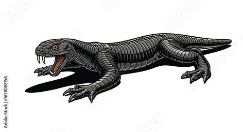Menacing reptile, scales intricately detailed, menacing fangs visible, shadow emphasizes its aggressive posture, isolated on clean white canvas