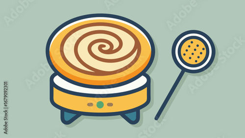 A yellow and white spiral cake is sitting on a stove top. A metal spoon is next to the cake