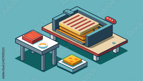 A sandwich maker sits on a table with a box of bread and a plate of cheese. The sandwich maker is surrounded by a variety of food items, including a sandwich, a bowl, and a plate