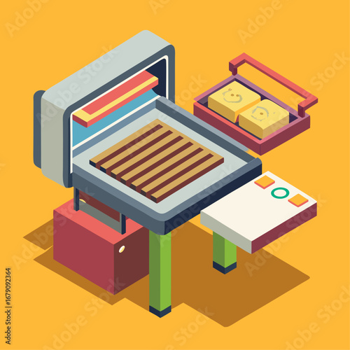 A sandwich maker sits on a table with a box of bread and a plate of cheese. The sandwich maker is surrounded by a variety of food items, including a sandwich, a bowl, and a plate