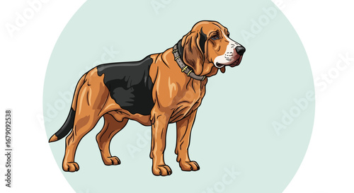 Majestic bloodhound illustration capturing the breed's noble stance and distinctive features in a full-body studio shot with a soft light blue