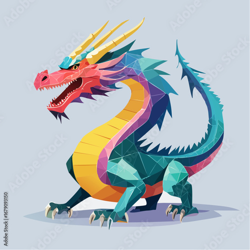 Colorful Polygonal Dragon Illustration with a Playful and Animated Pose Against a Light Background