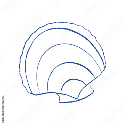 Sea shell scallop, ink hand drawn sketch. Single blue line bivalve creature, mollusk seashell. Icon contour symbol for branding, home decor, notebook covers, apparel print, stickers, tag, logo