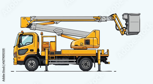 Detailed Illustration of a Yellow Boom Lift Truck with Extended Aerial Platform Against a Clean Backdrop