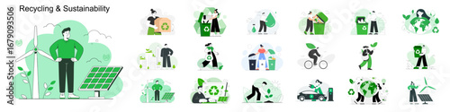 set of recycling and sustainability vector illustrations, concepts for environmental protection, green energy and eco-friendly lifestyle
