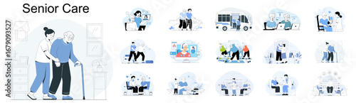 set of senior care vector illustrations, concepts for elderly assistance, nursing home services and medical support
