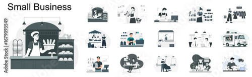 set of small business illustrations, vector concepts for local entrepreneurship, retail services and startup enterprises