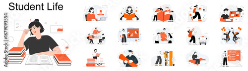 set of student life vector illustrations, concepts for higher education, university routine and campus activities