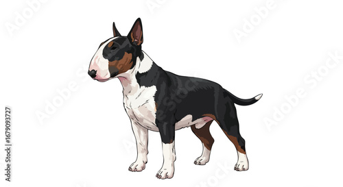 Stylized Bull Terrier Illustration on a Clean White Backdrop Showcasing Unique Markings and Muscular Build