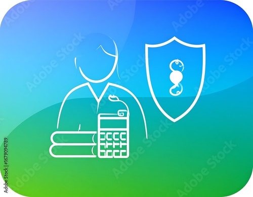 Woman with shield, calculator, and books