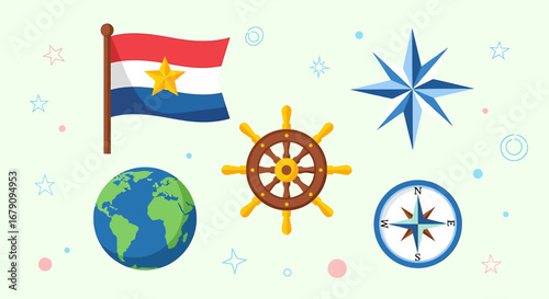 Whimsical maritime navigation voyage concept with flag and world elements