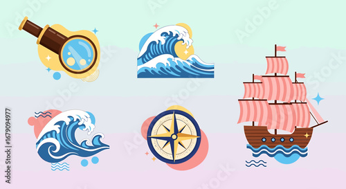 Whimsical nautical icons evoking adventure, exploration, and sea travel journey