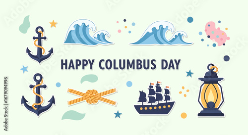 Animated elements celebrating Columbus Day with historical maritime symbols