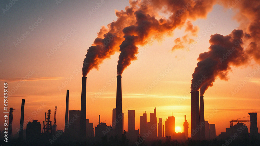 Obraz premium City skyline at sunset with tall smokestacks releasing thick smoke into the sky