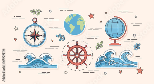 Illustrative sea elements portraying adventure and oceanic exploration concept