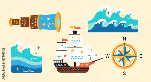 Stylized nautical icons arranged in whimsical pattern for design applications