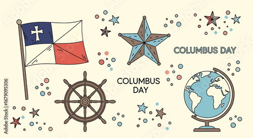 Columbus Day design showcasing symbols of exploration and discovery era
