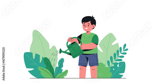 Young Boy Watering Plants In Garden With Large Foliage And Bright Colors Vector