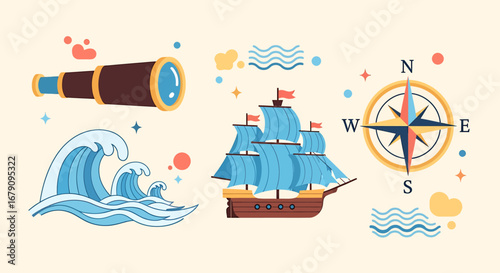 Maritime adventure voyage set with ship, compass, telescope and wavy waters