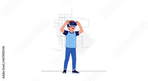 Young Boy Wearing Vr Goggles Exploring A Virtual Environment On White Minimal Background