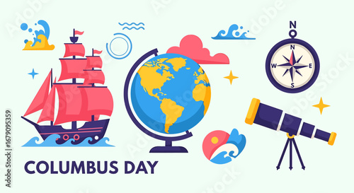 Columbus Day celebration concept with vintage ship, globe and telescope image