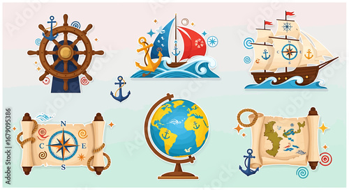 Collection of vibrant maritime themed icons evoking adventure and discovery