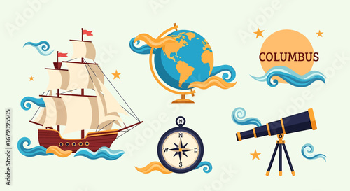 Whimsical collection of nautical illustrations representing exploration era