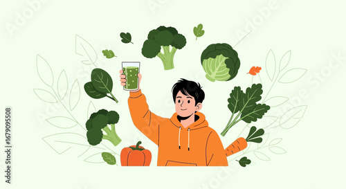 Young Man Celebrating Healthy Living, Joyful with Fresh Green Juice and Veggies