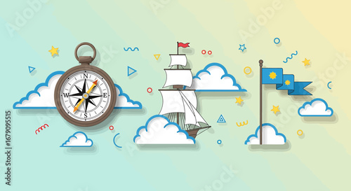 Fantasy voyage backdrop with ship compass and banner amidst stylized clouds