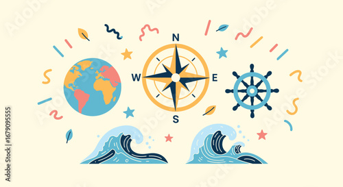 Maritime adventures illustrated with globe, compass and waves in soft hues