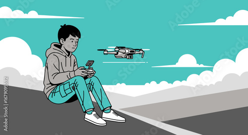 Young Man Controlling Drone with Controller, Outdoor Scene, Minimalistic Illustration