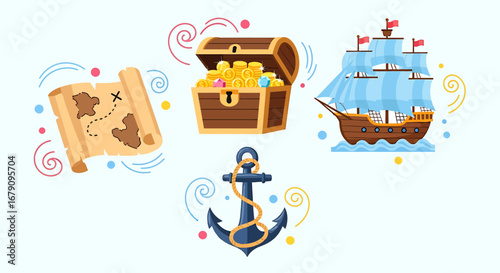 Whimsical pirate adventure illustration featuring treasures ship and discovery