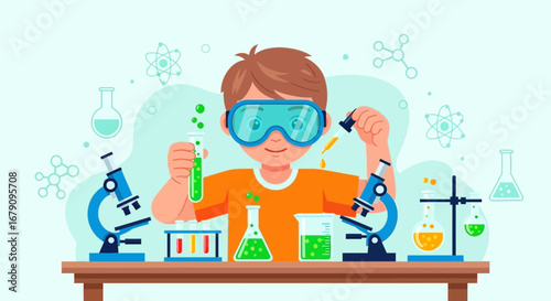 Young Budding Scientist Performing Experiments In A Laboratory, Scientific Study