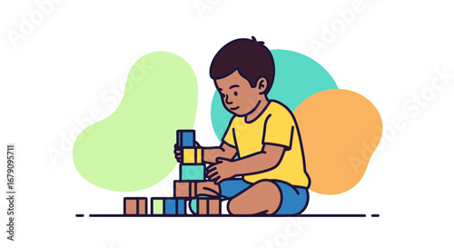 Young Builder: A Child Joyfully Constructing a Colorful Tower of Blocks in Playtime