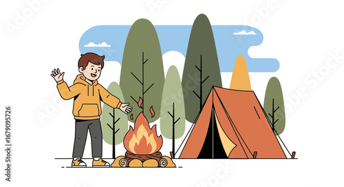 Young Camper Enjoying Bonfire Near Tent Amidst Nature's Embrace